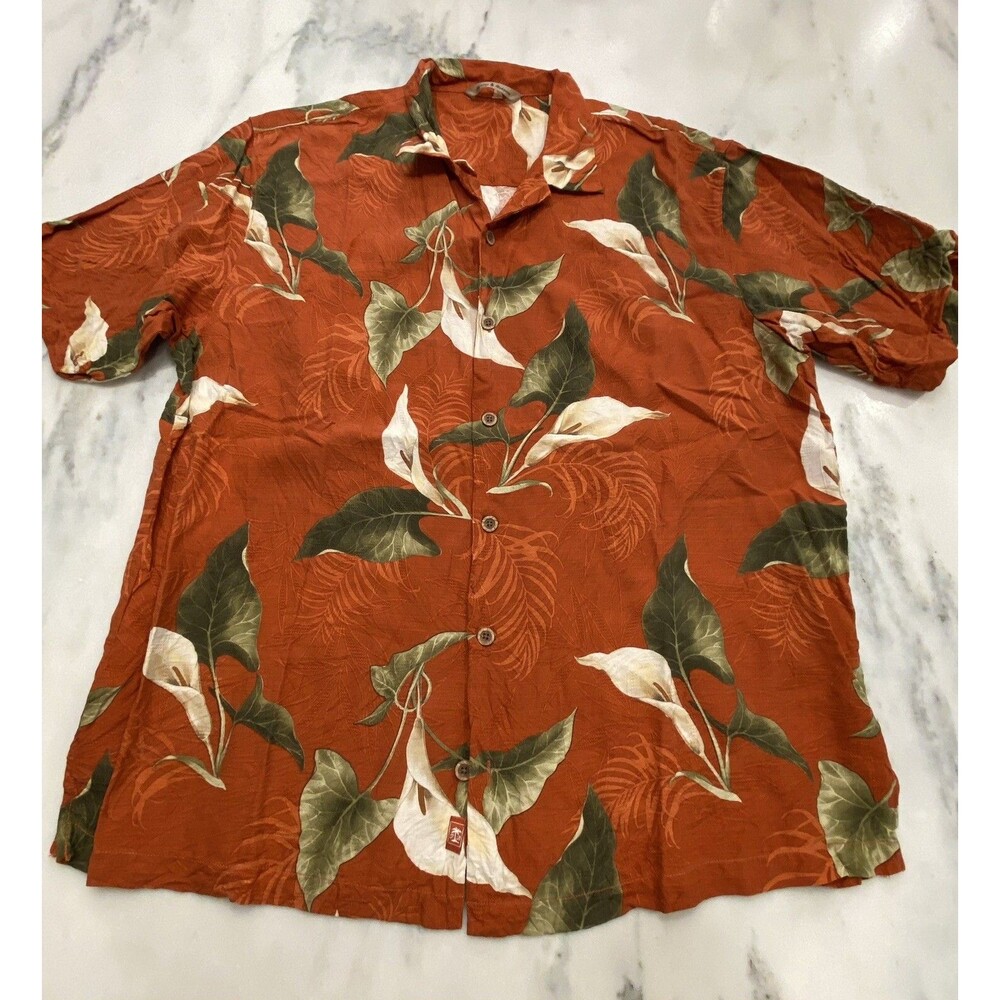 Tommy Bahama Silk Orange Hawaiian Shirt Floral Tropical Short Sleeve XL
